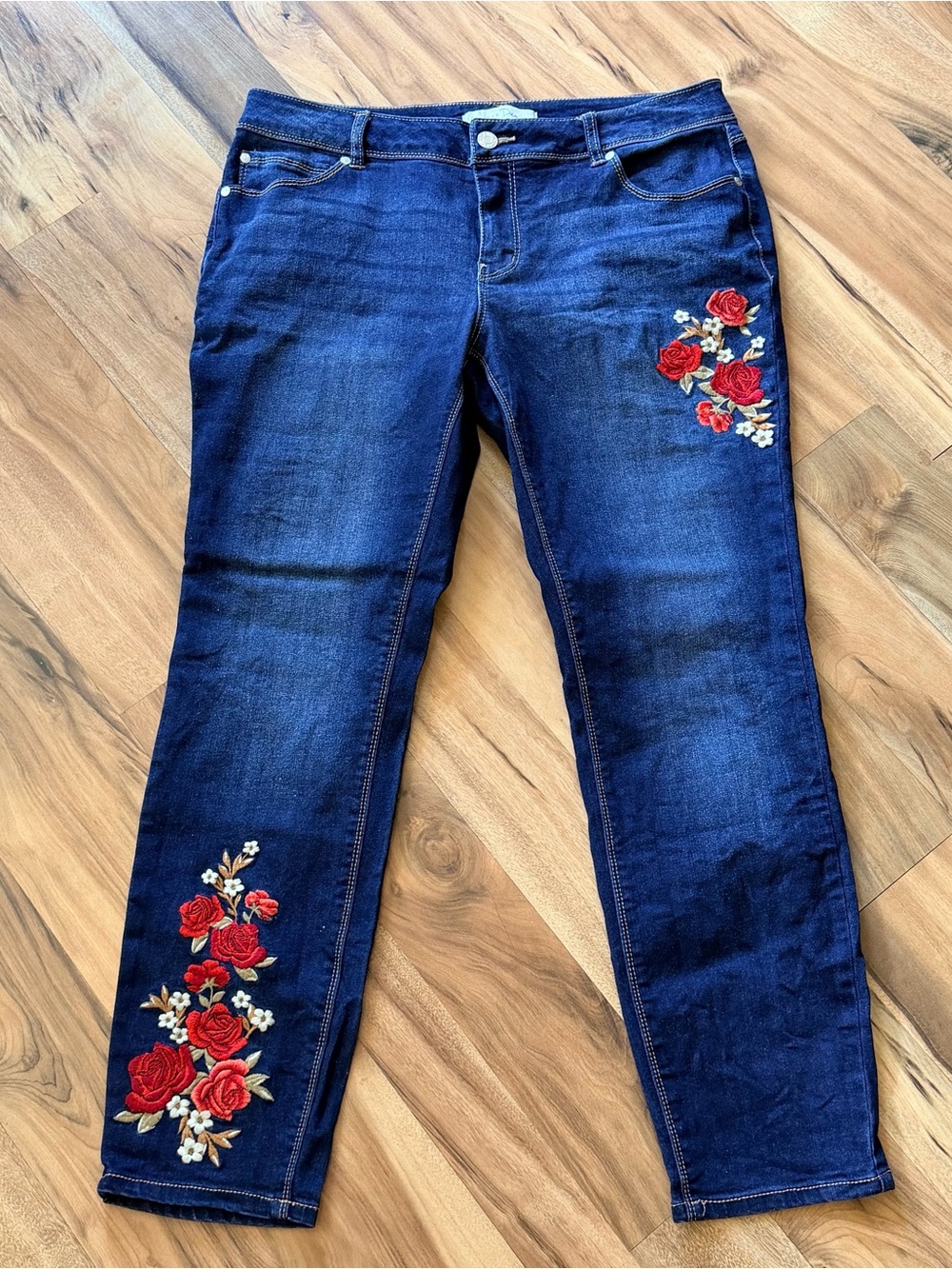 Women's Dark Blue Embroidered Rose Jeans